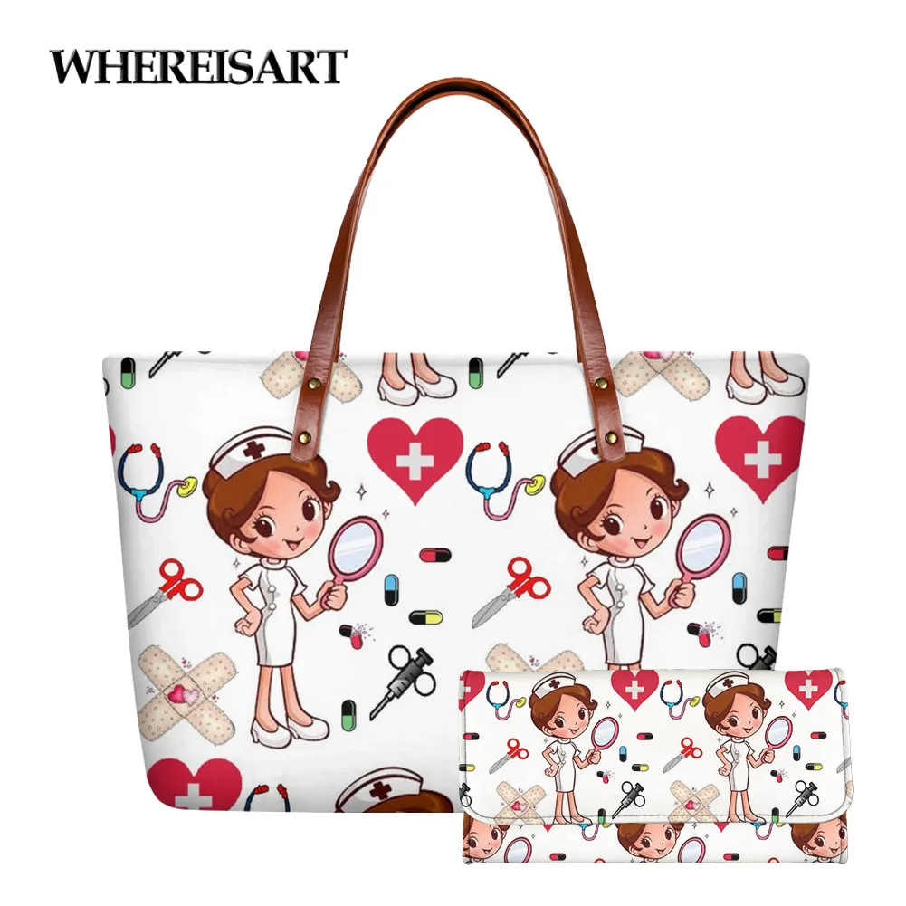 

WHEREISART White and Pink Gradient Women Luxury Handbag Set Cartoon Nurse Printing Fashion Clutch Leather Purse Shoulder Bolsa