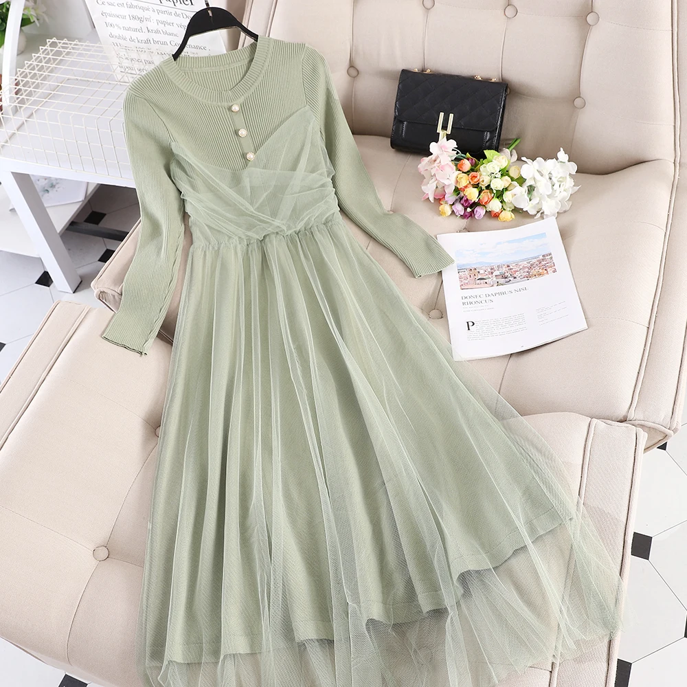 Women Dress Женское зимнее Плиссированное Полосатое трикотажное платье с круглым вырезом и длинными рукавами, винтажное эластичное тонкое Сетчатое газовое платье на пуговицах, платье миди - Цвет: Women Dress