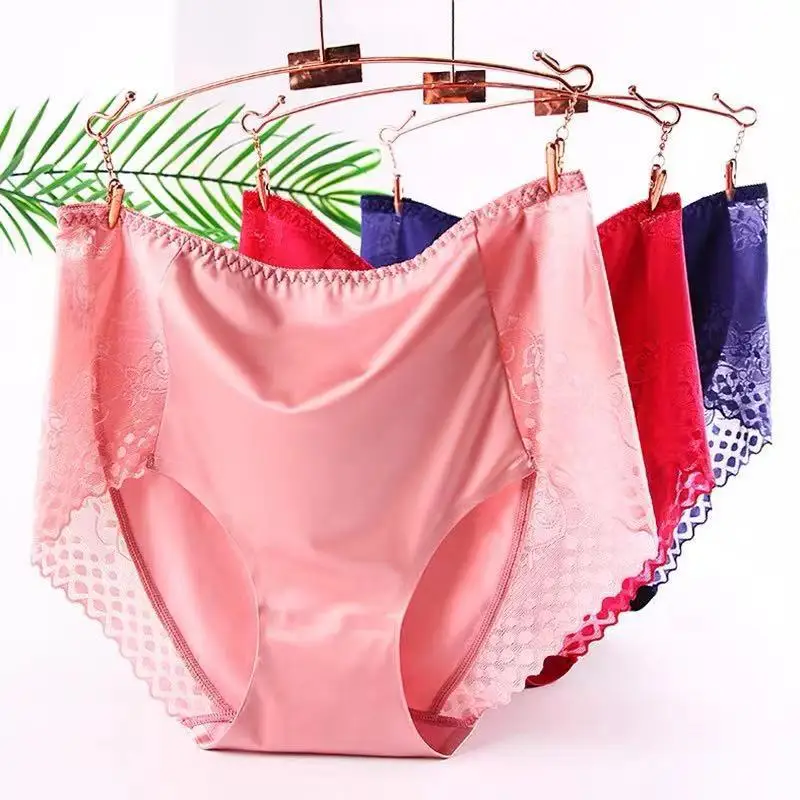 

90KG Large Size High Waist Panties For Women Underwear Ladies Big Size Briefs Traceless Plus Size Satin Sexy Lace Panties Female