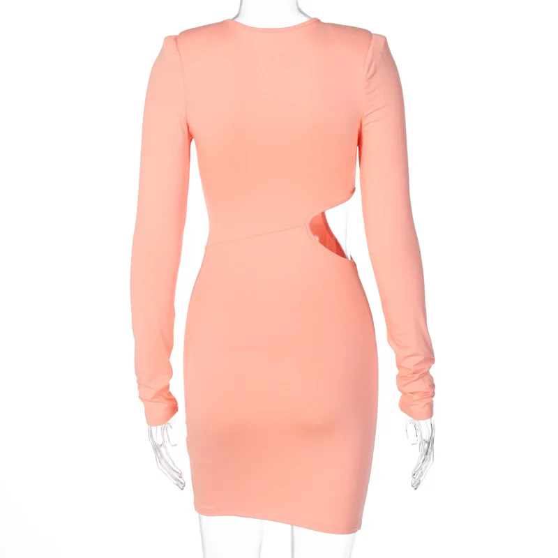 

BacklakeGirls Round Neck Solid Bodycon Mini Cocktail Dress Skinny Hollow Out Sexy Elegant Women Dresses Autumn Outifit
