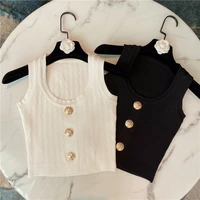 square collar slim knitted white tank tops women buttons decoration elastic black crop top 2021 summer new arrival