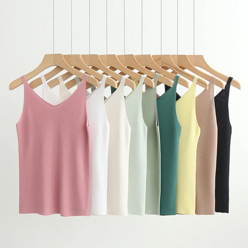 

Ice silk summer new solid color V-neck slim knit vest suspenders wear outside and wear ladies TB926-1