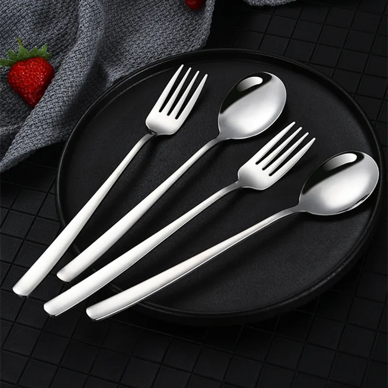 

304 Stainless Steel Tableware Coffee Dessert Ice Cream Spoon Fruit Fork Mirror Silver Long Handle Teaspoons Kitchen Dinnerware