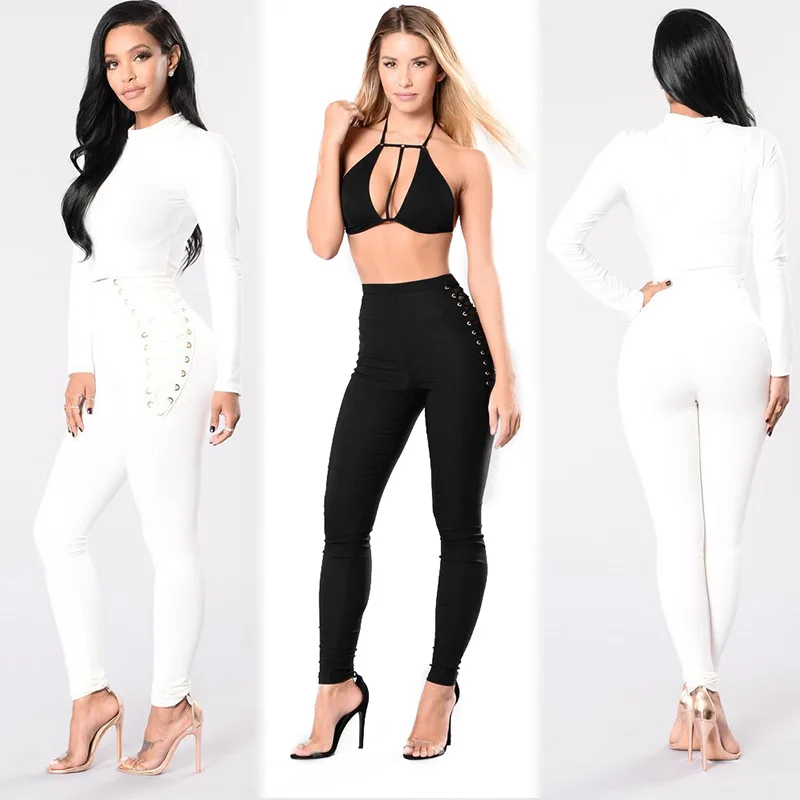 

Women's Casual Pants Hip Eyelet Lace Up Stitched Skinny Trouser Spring Autumn 2021 Fashion Streetwear Female Pencil Pants