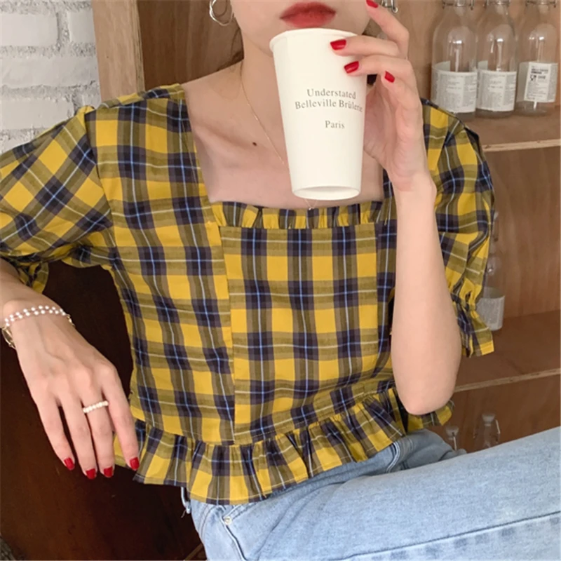 

Shirts Plaids Women French Vintage Summer 2021 New Square Collar Korean Short Puff Sleeve Striped Elegant Female Blouses Tops