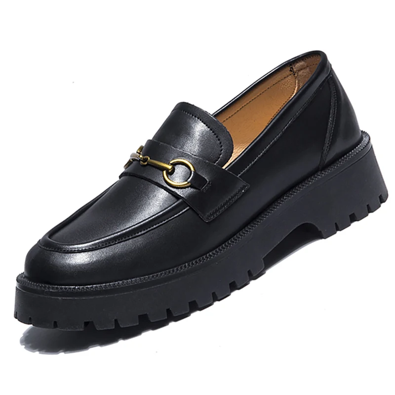 

2021 Spring Shoes Metal Buckle Autumn Retro Women Genuel Leather Girls Daily Casual Loafers Shoes Thick Bottom Foot Round Head