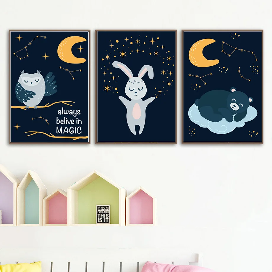 Декоративная картина Луна ночь с милыми мультяшными животными детский сад декор