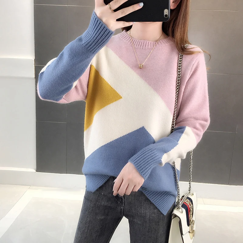 TIGENA Beautiful Contrast Color Knitted Sweater Women 2019 Fall Winter Long Sleeve Pullover Female Loose Jumper | Женская одежда