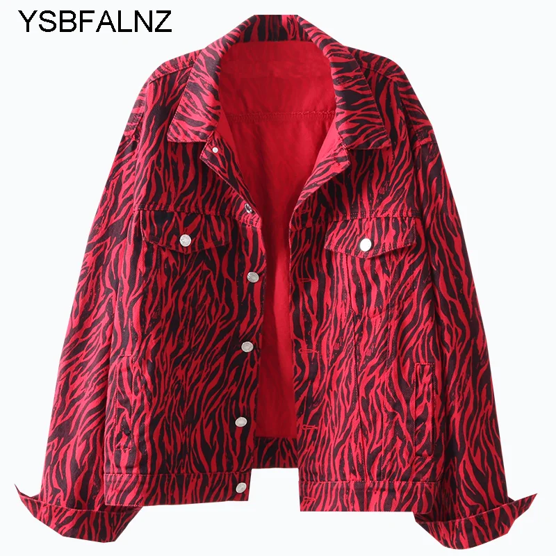 

Fashion Zebra Print Denim Jacket Women 2021 Autumn Lapel Pocket Long Sleeves Jeans Clothing Female Streetwear Loose Vintage Coat