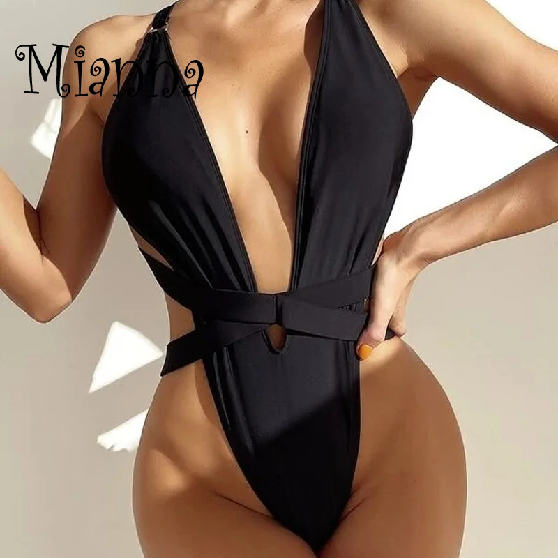 

Sexy Bandage Swimwear Women One Piece Swimsuit 2021 New Deep V Bodysuit Swimsuit Monokini Backless Bathing Suit Summer Beachwear