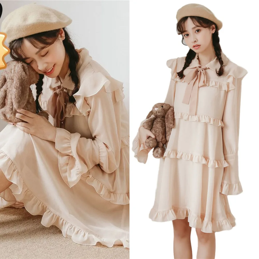 

Arrival WinterNew Spring Female Sweet Chiffon High Waist Dress Women Sleeve Ruffles Party Dress Casual A-Line Vestido