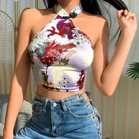 womens sexy dragon flower printed halter sleeveless backless skinny slim cropped tank tops summer e girl casual fashion tops