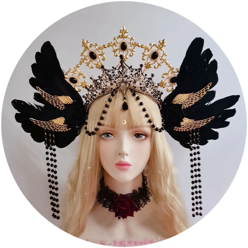 

Black Bead Chain Baroque Gothic Rose Angel Wings Sun Godmother's Retro Gorgeous Halo Lolita KC Crown Hair Accessories
