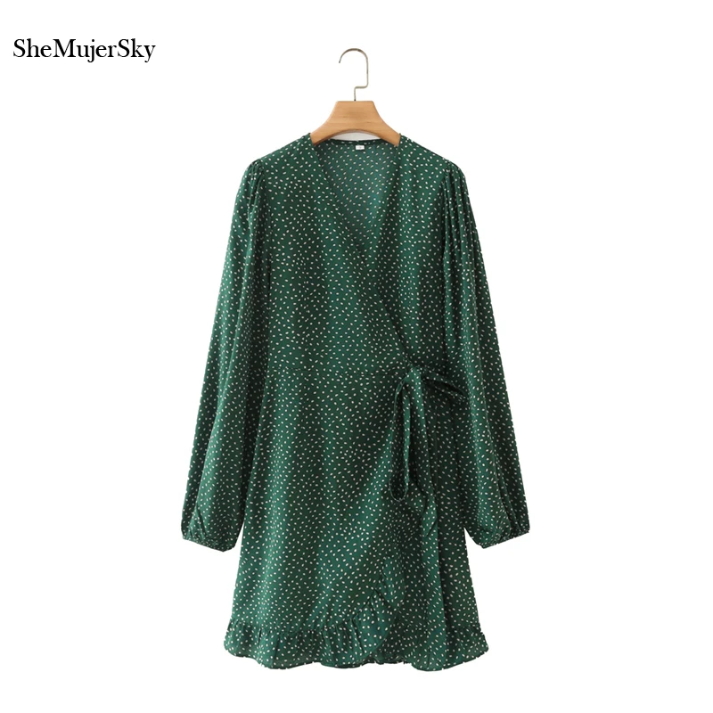 

SheMujerSky Women Long Sleeve V-neck Wrap Green Dress 2021 Dot Print Ruffles Mini Dresses vestidos