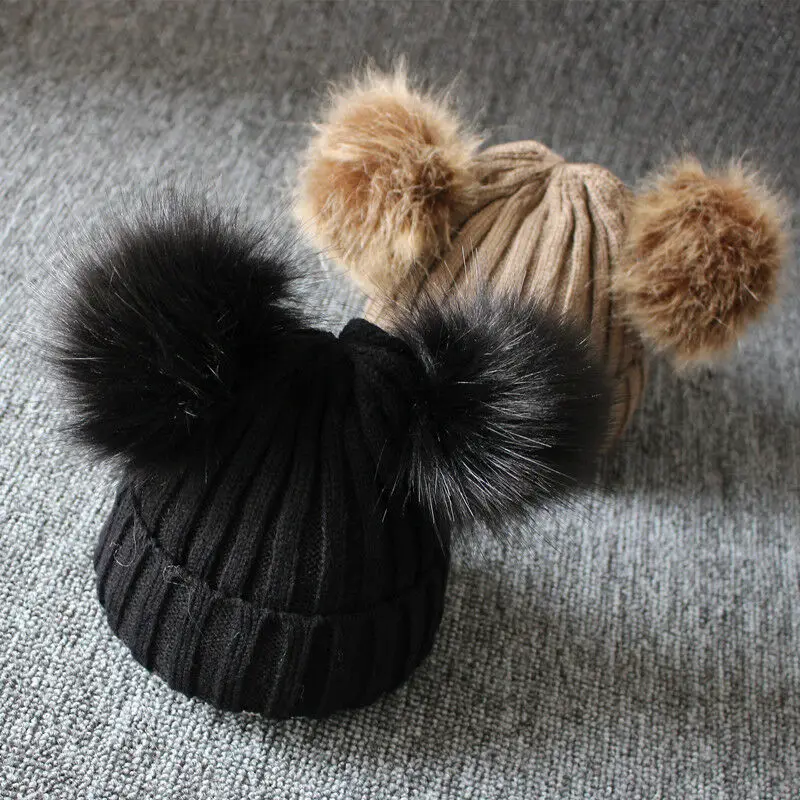 Baby Kids Girls Boys Winter Warm Knit Hat Furry Balls Pompom Solid Cute Lovely Beanie Cap Fur Pom Gifts | Детская одежда и обувь