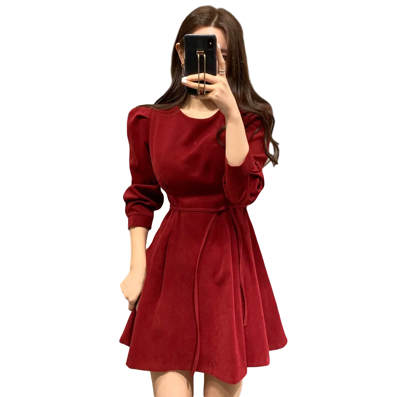 

Korea Chic Autumn French Round Neck Slim Fit Pleated Waist Tie Small Puff Sleeve Dress Skirt Female GX1311