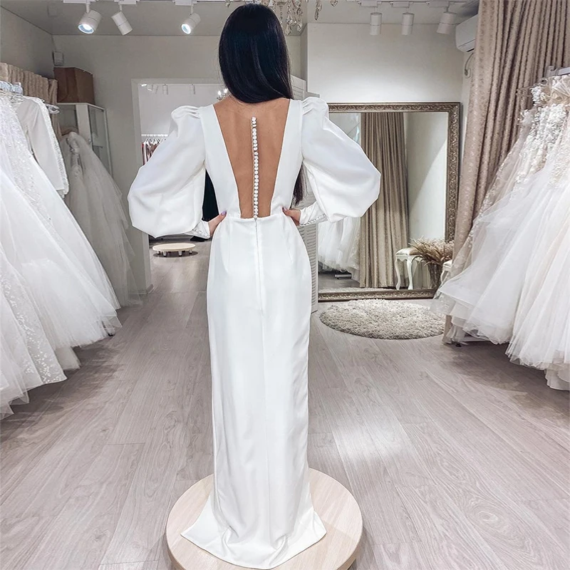 MoonlightShadow Luxury Wedding Dresses Sheath Deep V-neck Puff Sleeves Satin Furcal Floor-length Bridal Gown Robe De Mariée