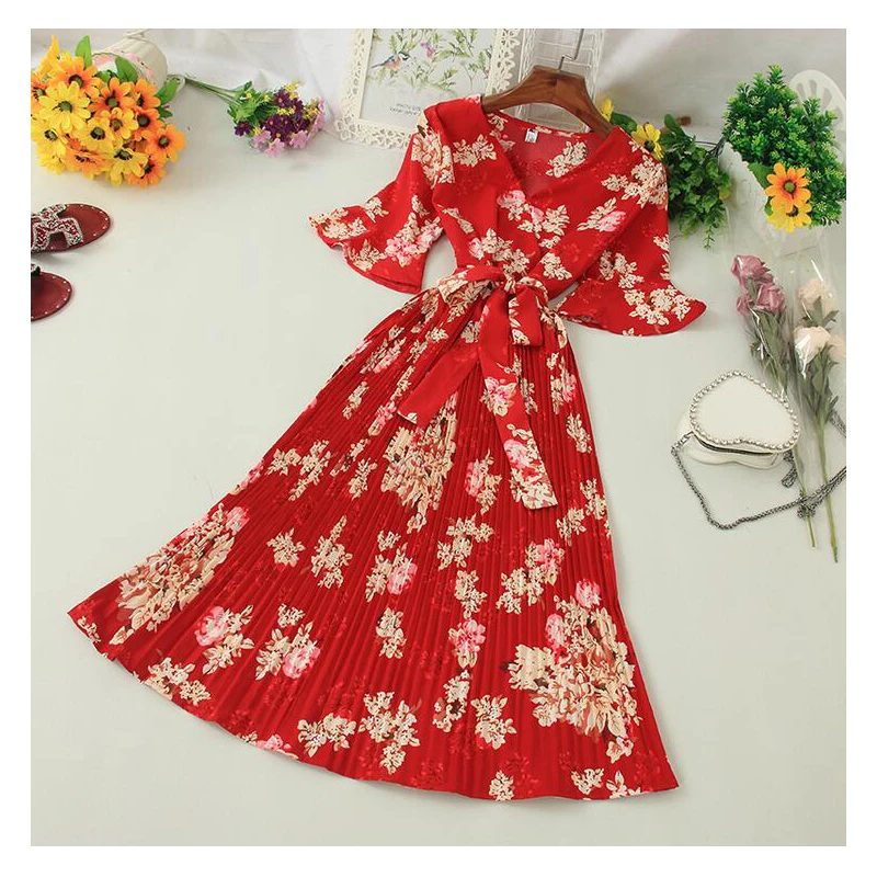 Boho 2020 V Neck Floral Print Summer Bandage Dress Midi Long Chiffon Party Women Casual Elegant Pleated Beach Holiday Dresses | Женская
