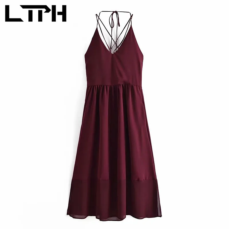 

LTPH ins style Burgundy camisole dress women long slim sexy sleeveless backless V-Neck big hem dresses 2021 Spring Summer New