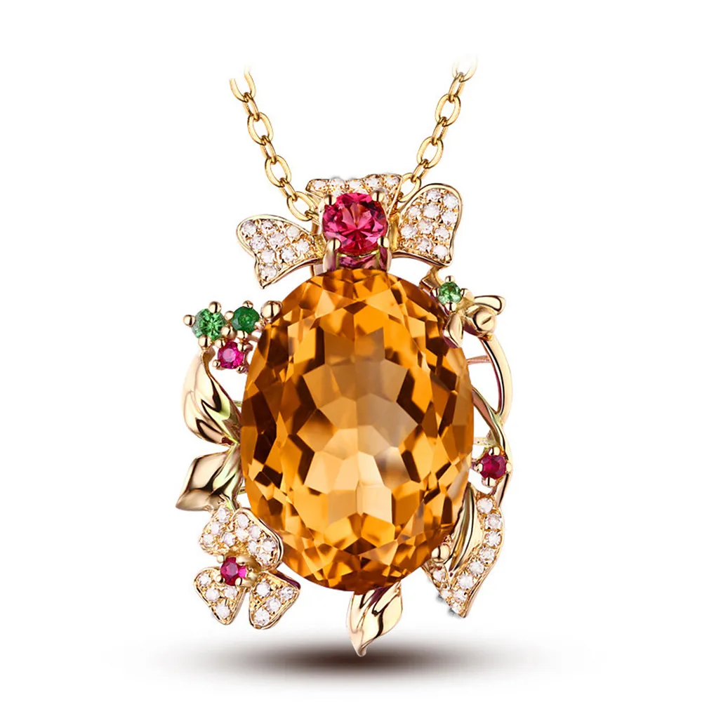 

Flowers carved Yellow Crystal Citrine Gemstones Diamonds Pendant Necklaces for Women 18k Gold Filled Jewelry Bijoux Party gifts