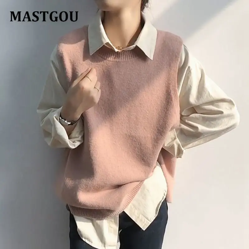 

MASTGOU Women Fashion Oversized Cashmere Knitted Vest Sweater Vintage Sleeveless Side Vents Female Waistcoat Chic Tops Split Up