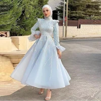 elegant blue muslim prom dresses high collar long sleeve beading arabic dubai evening party gowns organza formal wear