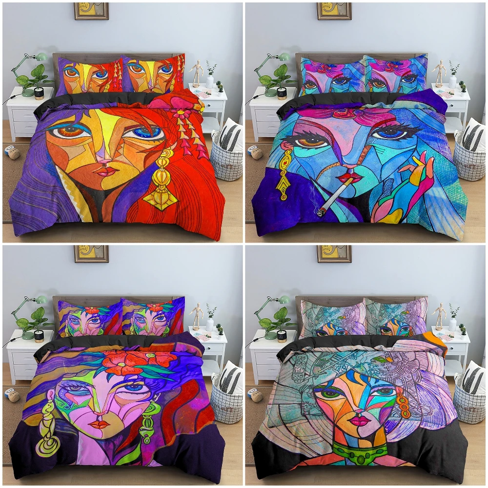 

Комплект постельного белья с изображением девушки, роскошный пододеяльник с изображением лица в стиле кубики, фэнтези, чехол с наволочкой, ...