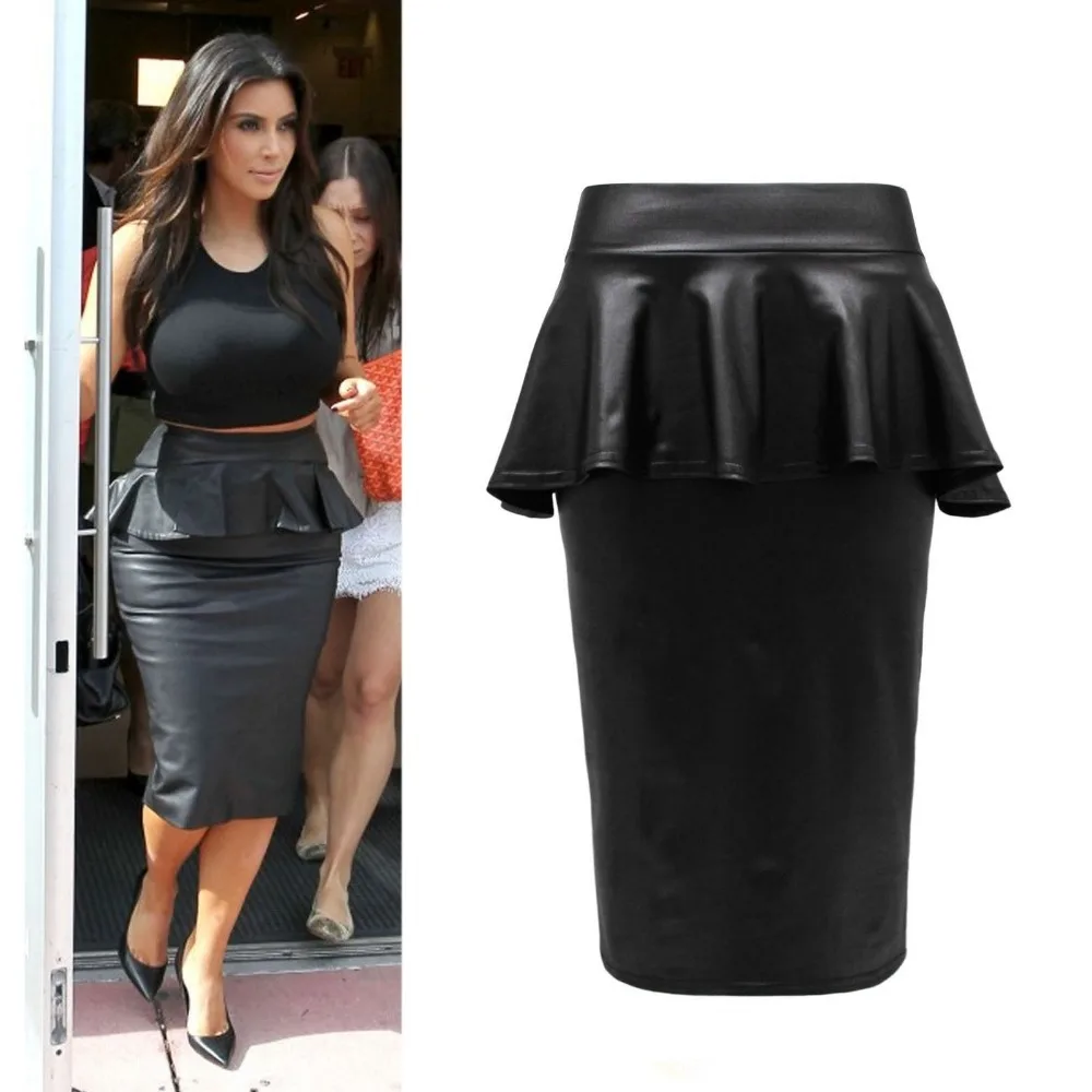 

2015 Summer Ladies Womens Bodycon Plus Size Black Faux Leather ruffles Midi Peplum Pencil Skirt Smart Office Skirts Saias Lapis