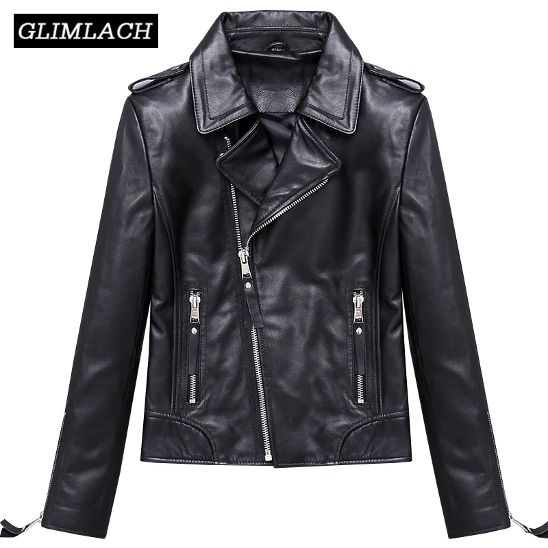 Women Black Lambskin Genuine Leather Jackets Autumn Slim Short Motorcycle Biker Coats Ladies Real Leather Outwear Chaqueta Mujer