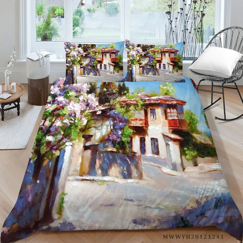 

High End Bedding Set Full Size Artistic Oil Painting Duvet Cover King Queen Double Single Twin Idyllic Scenery Bed Set
