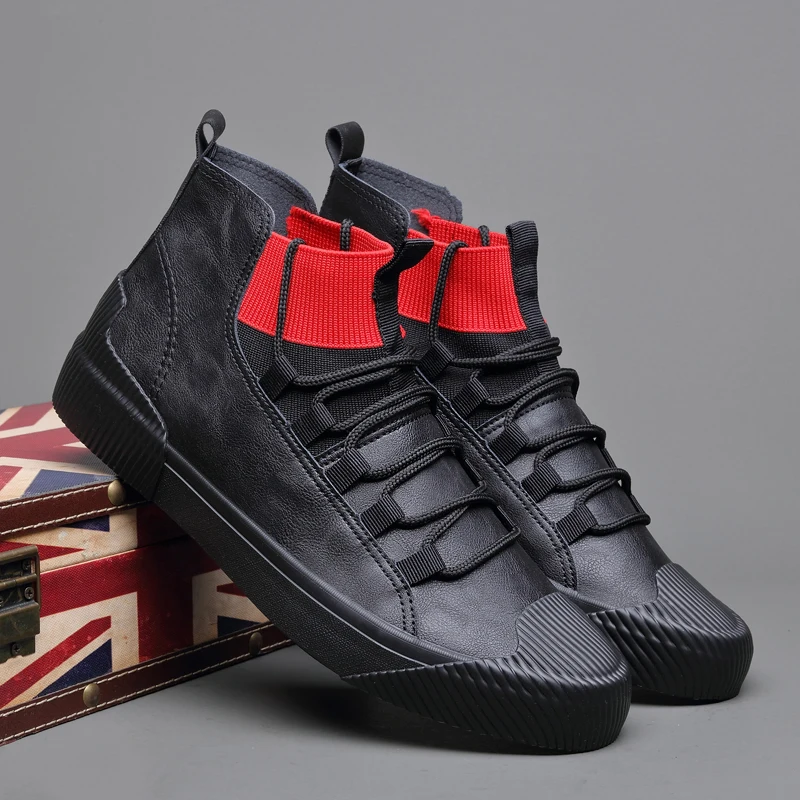 Мужские кожаные ботинки износостойкие лоферы черные вулканизированные в