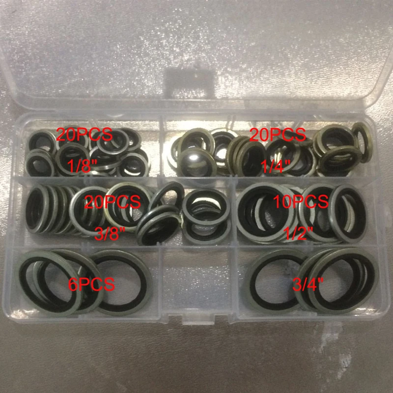 

76 PCS Self Centering Metal Rubber Bonded Drain Plug Oil O Ring Washer Seal Combined Washer Sealing Ring Plastic Box Kit Set