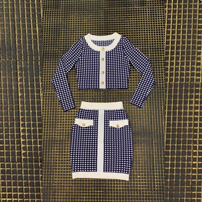 

Women Fashion Button Jacquard Two Piece Sets Autumn Long Sleeve Round Neck Short Tops & Bandage High Waist Bodycon Mini Skirts