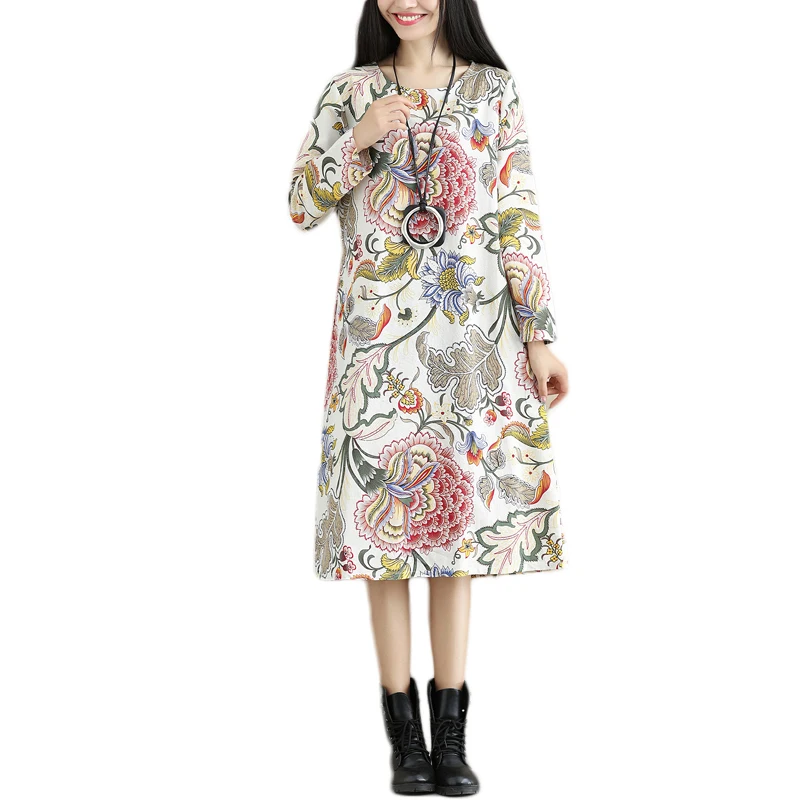 

Fall 2020 Ethnic Style Retro Crew Neck Printed Loose Slimming Midi Dress Cotton and Linen Long Sleeve Bottoming Dress for Women