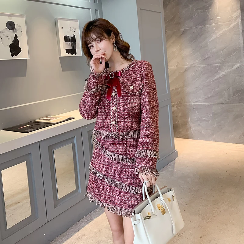 Маленькие ароматные костюмы с юбкой новая зимняя твидовая клетчатая куртка