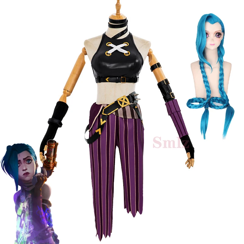 

Hot Game LoL Jinx Cosplay Costume Uniform Outfits long wig Halloween Carnival Suit