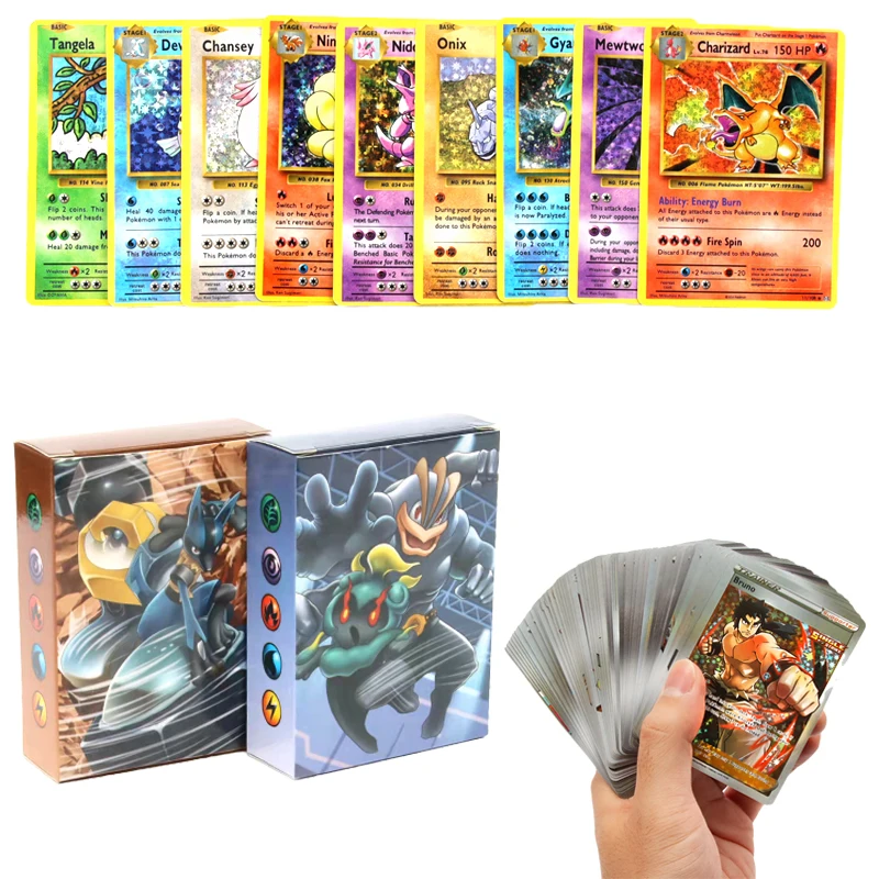 

60pcs Pokemon 1996 Years Flash Card Box Case Charizard Pikachu Mewtwo Display Playing Game Pokémon English Shining Card Kids Toy
