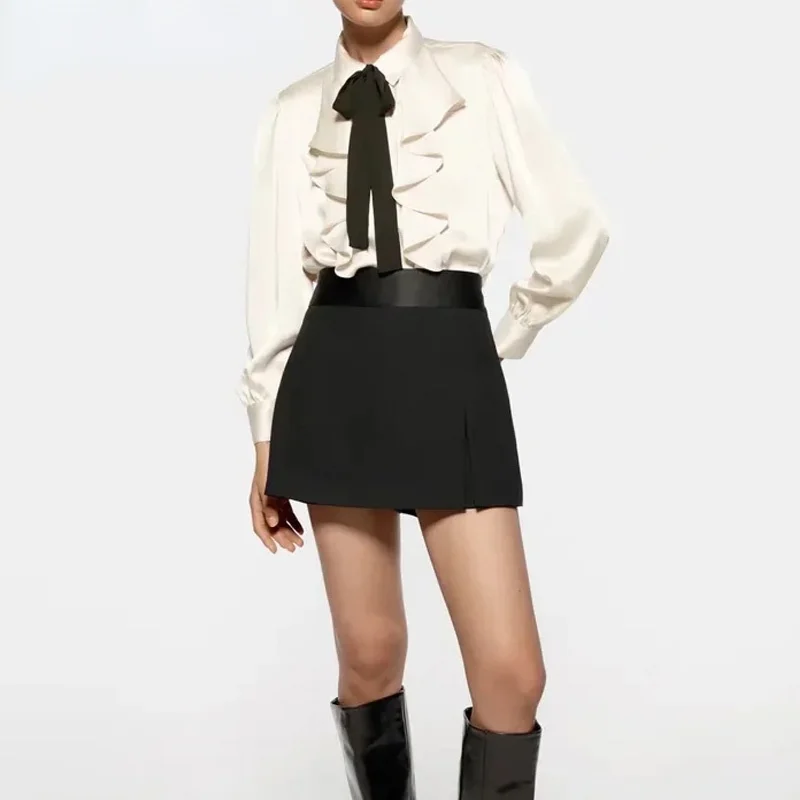 

Spring Autumn Women Bow Blouse Shirt 2021 Ruffle Turn Down Collar Single Breasted Casual Top Long Sleeve Female Elegant Shirt