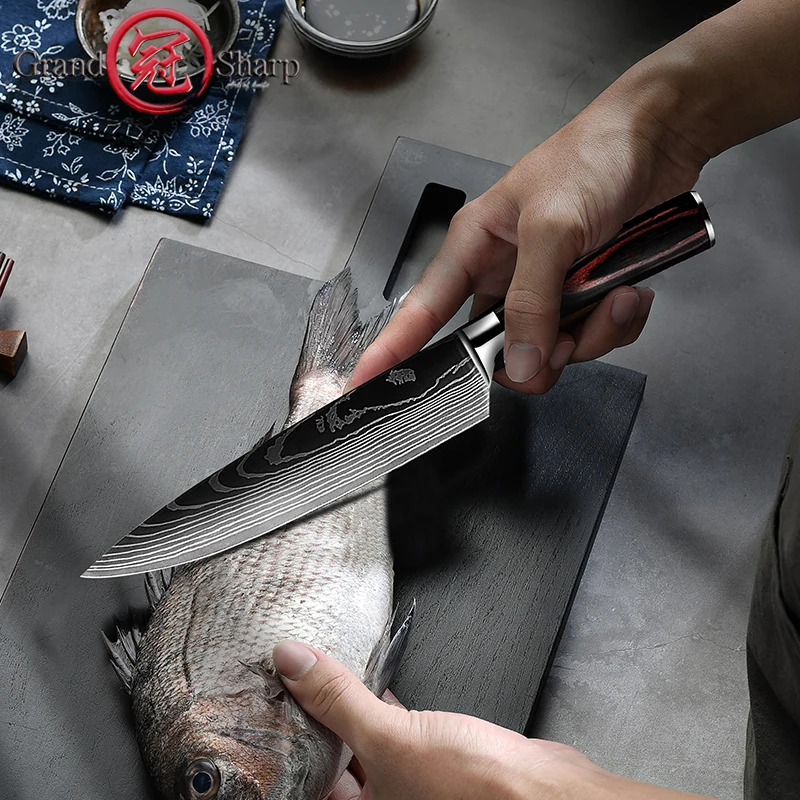 Шеф-нож Grandsharp высокоуглеродистые кухонные ножи лазерный узор Дамаска японский