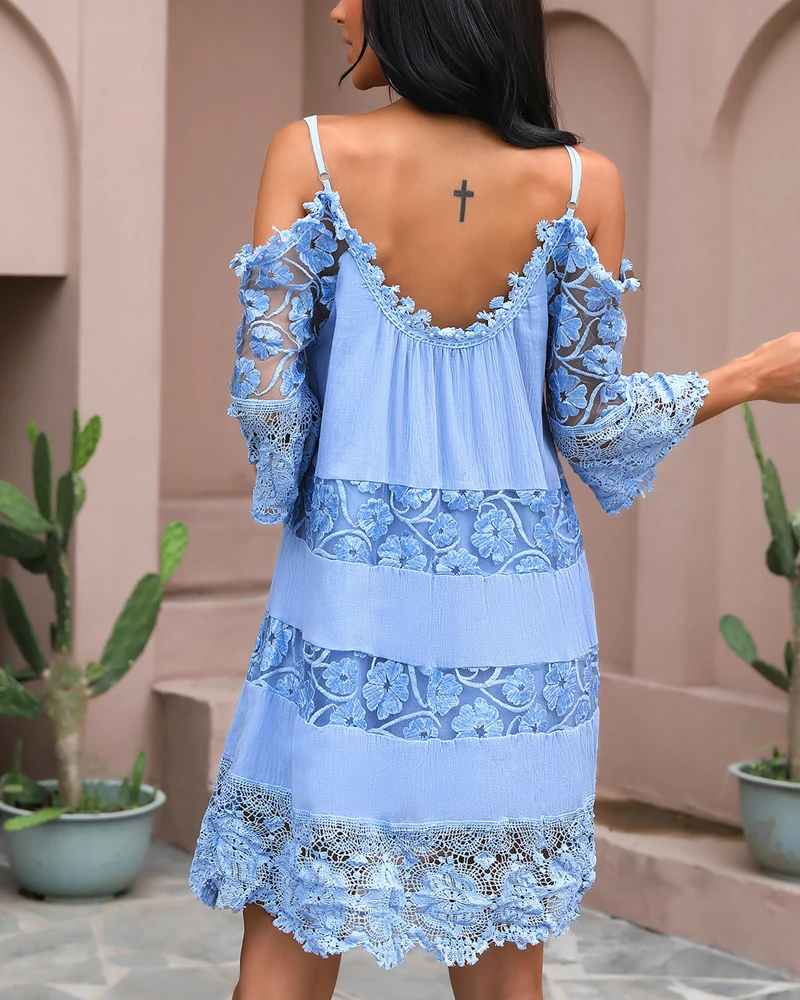 

Blue Lace Patchwork Cold Shoulder Dress
