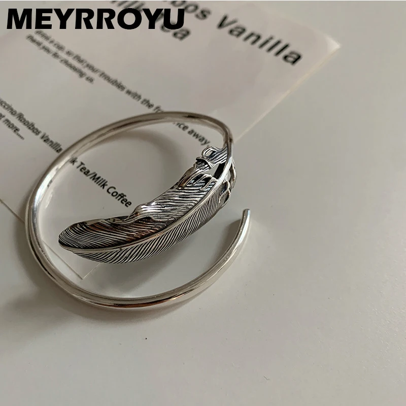 

MEYRROYU New European and American Style Fashion Retro Trend Thai Silver Large Feather Open Bracelet Ladies Wrist Jewelry Gift