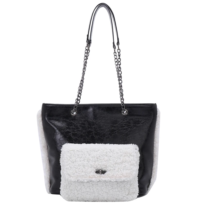 

Fashion Female Plush Big Capacity Tote bag 2020 New Quality PU Leather Women's Handbag Lock Chain Large Shoulder Messenger Bags