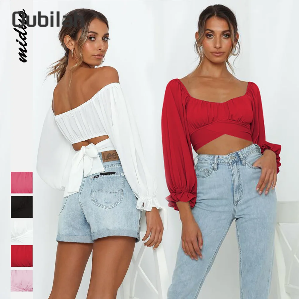 

Women Soild Casual Blouse Summer Fashion Tops Bandage Backless Sexy Super Short Square Neck Long Sleeve One-line Neck T-shirt