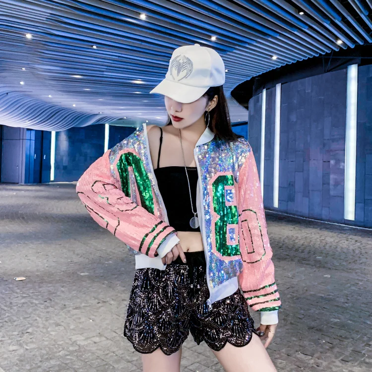 Veste Femme printemps новые блестки с длинным рукавом О-образным вырезом 08 модные куртки с блестками на молнии Женская шикарная Клубная верхняя одежда и пальто