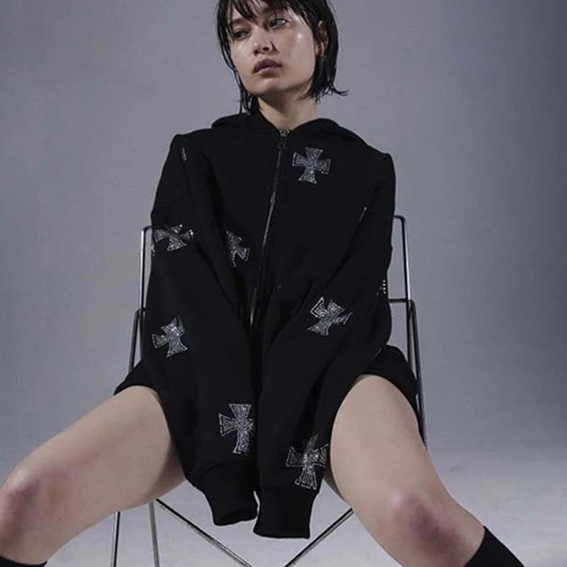 

Ladies Hoodie Printed Zip Rhinestone Double-breasted Jacket, Rhinestone Hip Hop Retro American Style, Black and White, y2k2021