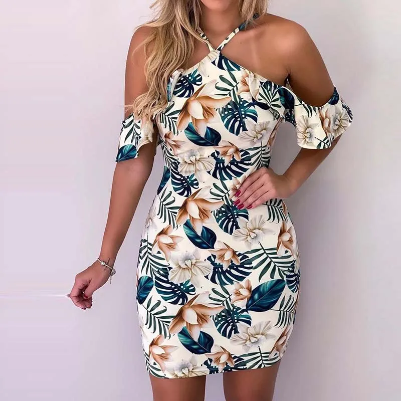 Женское летнее мини платье с открытыми плечами без рукавов открытой спиной