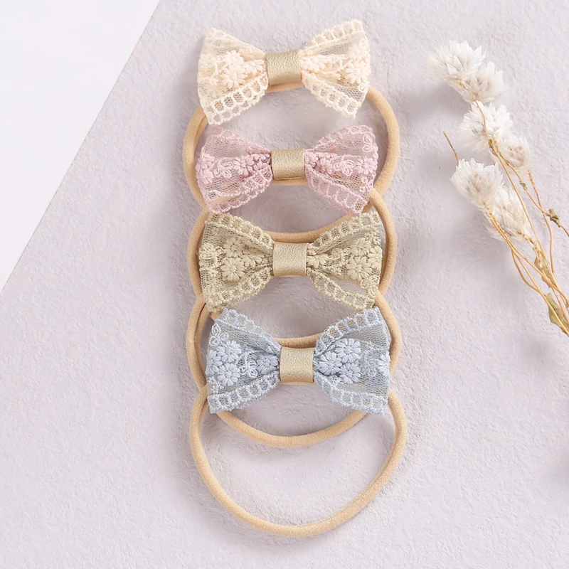 Cinta para cabeza con lazo para beb&eacute;, bandanas bordadas de encaje para ni&ntilde;a, turbante Kawaii, diademas de nacimiento para reci&eacute;n nacidos, accesorios el&aacute;sticos con Clip-4