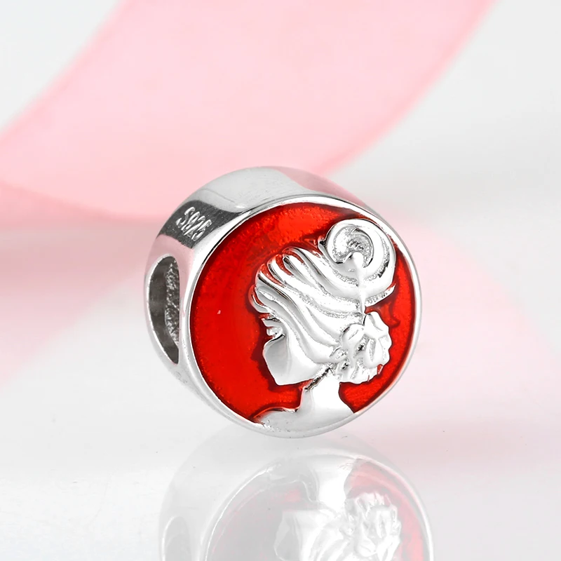 925 пробы серебряный красный эмаль красивая девушка голова портрет Круглый сделай
