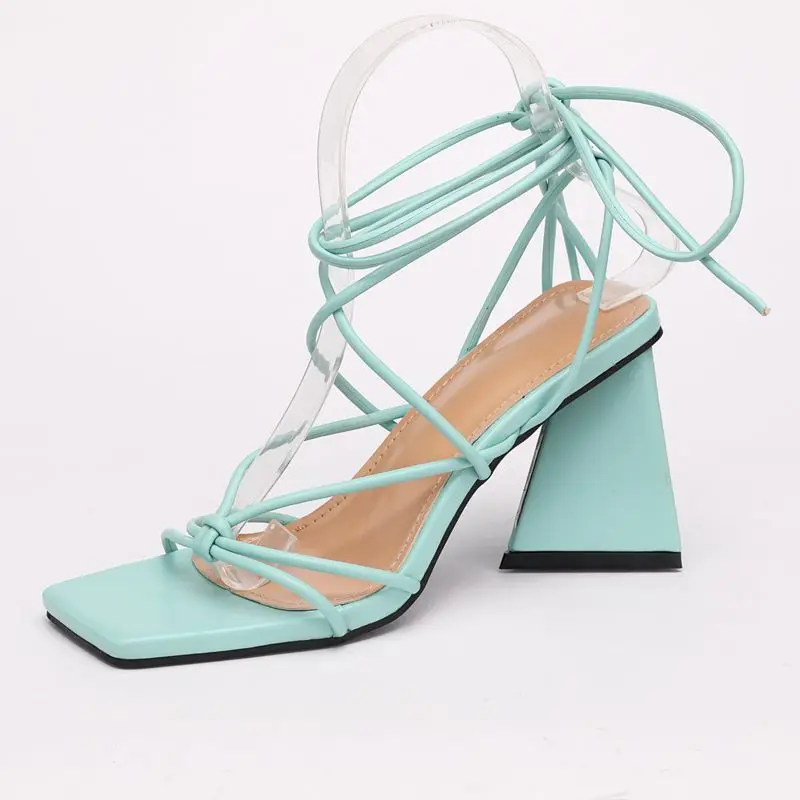 

New Solid Triangle Chunky High Heel Lace-Up Cross Strap Slingback Peep Square Toe Sandals Women Shoes 2021 Party Dress Shoes