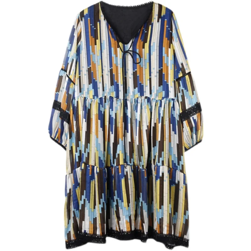 

QING MO Vintage Women Striped Dress 2021 Spring Women Patchwork Dress Female Full Sleeve Knee Length Dress ZQY6339